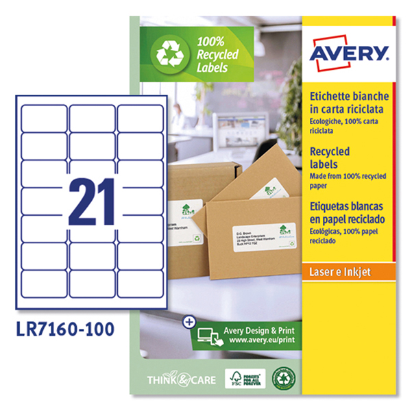 Etichette adesive - in carta riciclata - laser - permanenti - 63,5 x 38,1 mm - 21 et/fg - 100 fogli - bianco - Avery