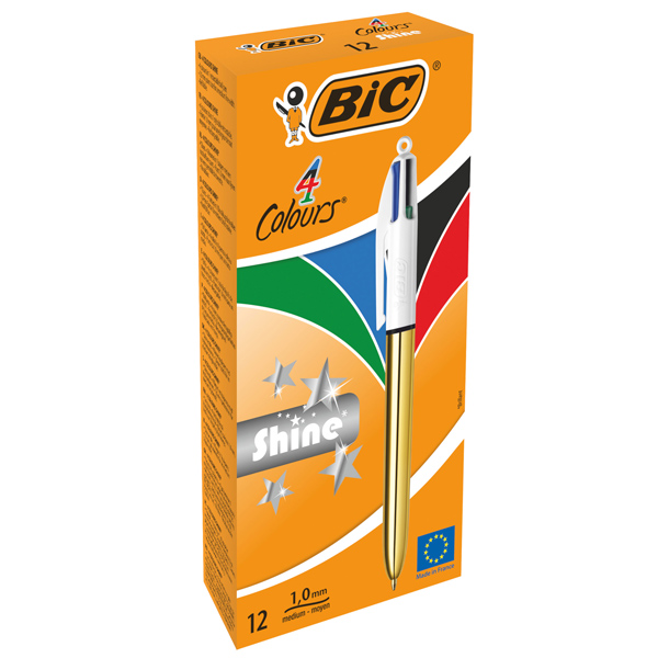 Penna sfera scatto multifunzione 4 Colors Shine - punta 1,0 mm - fusto oro - Bic - conf. 12 pezzi